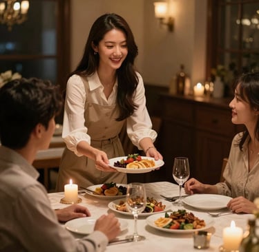 Smiling waitress serving a gourmet plate to a couple at a candlelit fine dining restaurant table.