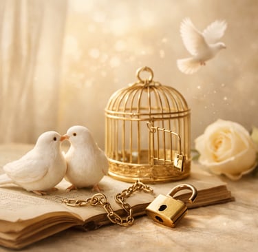 Deux colombes blanches près d’une cage dorée ouverte symbolisant l’amour, la jalousie et la liberté 