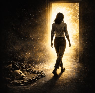 Femme marchant vers la lumière, symbolisant le passage de la posture de victime à la responsabilité 