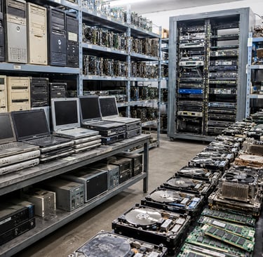 A warehouse for e-waste recycling filled with rows of used laptops, computer towers, and server hardware.