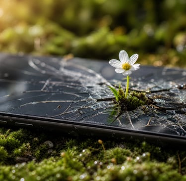 A small white flower growing through a cracked smartphone screen on a bed of green moss.