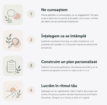 Ilustrație cu etapele procesului terapeutic: cunoaștere, înțelegere, plan personalizat și ritmul ter