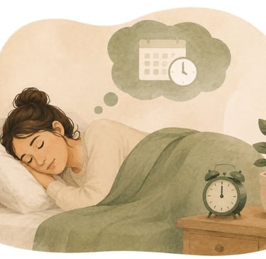 Femeie care doarme liniștită, ilustrând gestionarea gândurilor repetitive și a anxietății de seară.