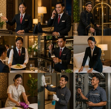 Professional hotel staff providing hospitality services including reception, concierge, dining, and housekeeping.