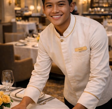 A smiling professional waiter in a white uniform setting a table in a luxury fine dining restaurant.