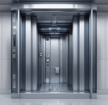A hospital elevator with wide doors and bright interior designed for patient transport and accessibility.