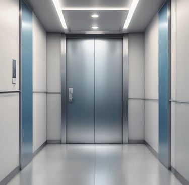 Technicians carefully installing an elevator cabin inside a luxury hotel lobby with polished marble floors.
