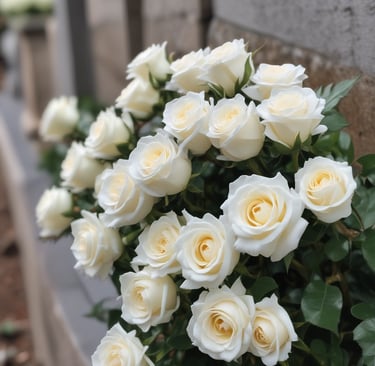 Close-up of a custom funeral cross made of preserved roses and eucalyptus leaves.