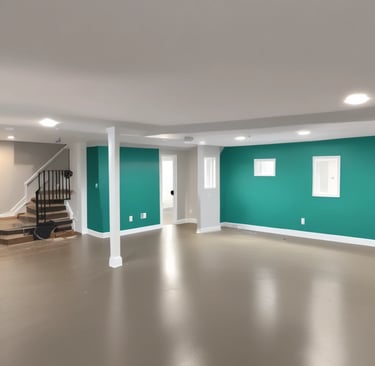 Interior living room walls painted in a warm beige tone with a perfectly matched accent wall in soft teal, demonstrating expert color matching.