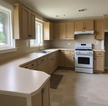 Freshly painted modern kitchen cabinets in a soft gray with crisp white trim, showcasing smooth, flawless finish.