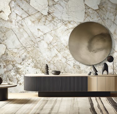 Modern living room featuring a marble-effect wall mural behind a fluted wood sideboard and circular mirror.