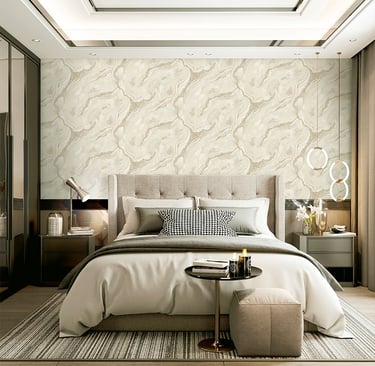 Luxury bedroom featuring beige marble wallpaper, a tufted headboard, and modern pendant lighting.