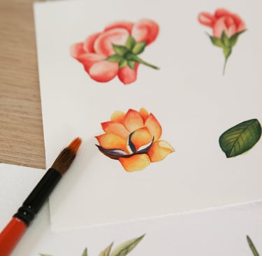 inturas botânicas em aquarela de rosas e flores laranjas sobre papel.
