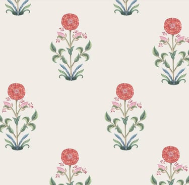 Elegante estampa floral em blocos com flores de calêndula e folhas, com fundo creme.
