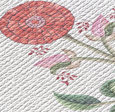 Elegante estampa floral em blocos com flores de calêndula e folhas, com fundo creme.