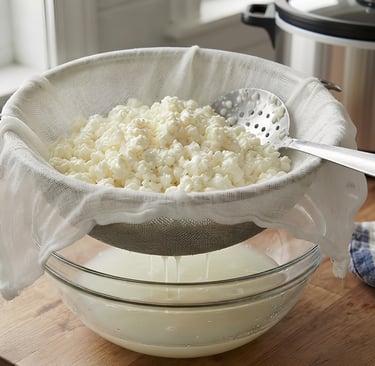 home made cottage cheese being strained next to a slow cooker