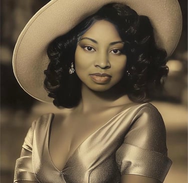 Ruby Mae Davenport, jazz soul artist, wearing a vintage-inspired hat and dress, captured in a timele