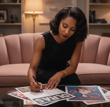 Ruby Mae Davenport seated on a sofa, thoughtfully writing and reviewing creative work in a calm, int