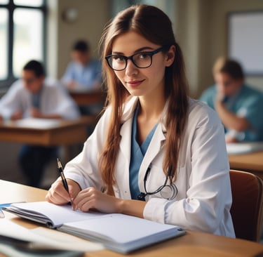 A vibrant classroom setting with diverse students learning about medical science.