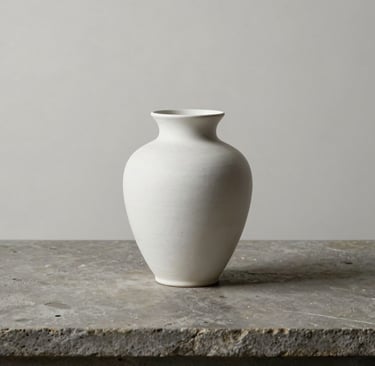 A minimalist, still-life photograph of a single white ceramic vessel placed on a medium gray stone surface. Soft, directional light from the side creates deep black shadows. The composition is centered with generous off-white whitespace, reflecting an art gallery aesthetic. North American / European style.