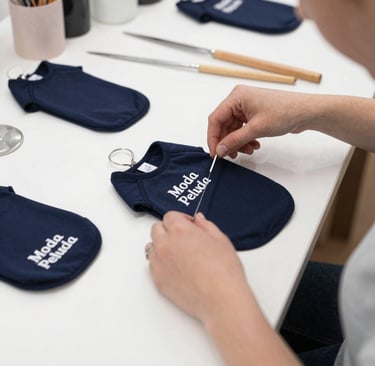 Persona cosiendo a mano una prenda con forma de camiseta para perro «Moda Peluda» de color azul