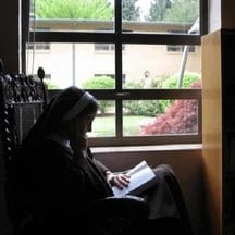 A Carmelite nun reading in the library.