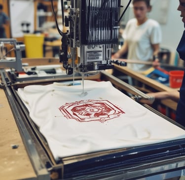 A vibrant display of custom tote bags with various logos at a bustling trade show booth