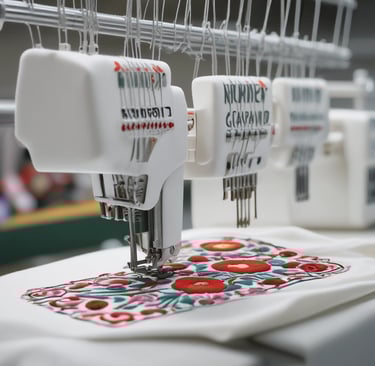 Close-up of embroidered custom caps stacked neatly, highlighting detailed stitching and color options