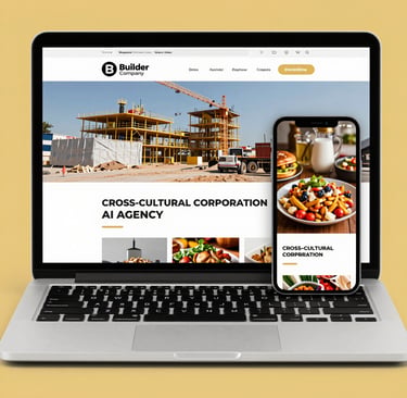 A vibrant image showing a laptop screen with a web design portfolio featuring construction, restaurants, and retail projects.