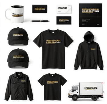 A dynamic video-style image showcasing a variety of business branding items like custom logos on mugs, shirts, and stationery arranged creatively.