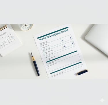 Year-end HR and compliance checklist workspace with calendar and organized documents for growing businesses