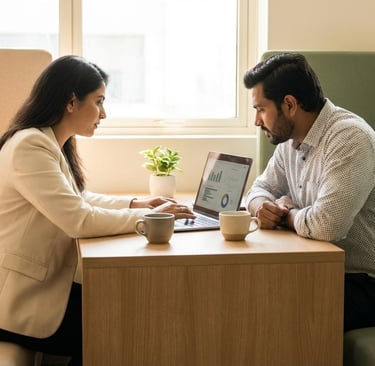 A consultant from Shavi Consulting reviewing HR documents with startup founder