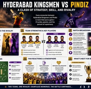 Infographic showing the cricket rivalry between Hyderabad Kingsmen and Pindiz featuring player stats and match analysis.