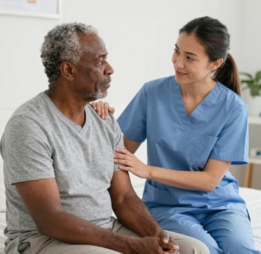 A man in a wheel chair being pushed by a woman