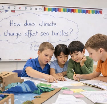 children collaborating on a group project about sea turtles