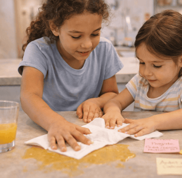 sisters cleaning spilled orange juice demonstrating caring attribute of the IB learner profile