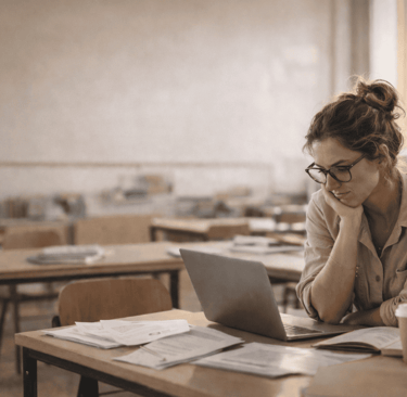 Tired teacher at her desk-png