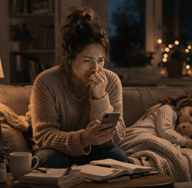 Worried mother in cozy evening setting_png