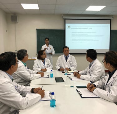 A professional classroom setting with attentive students taking notes during a pharmaceutical production course.