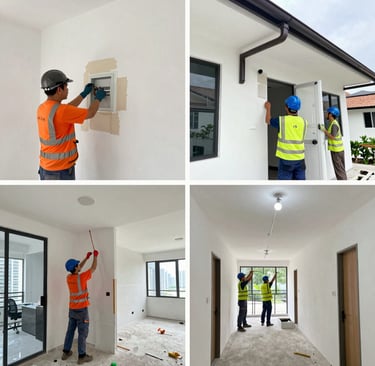 Technician checking HVAC system controls inside a modern commercial building.