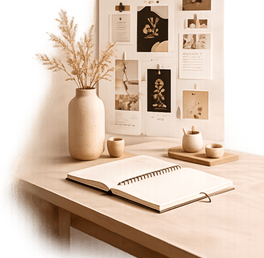 Bureau créatif avec carnet et moodboard – Bea Design studio web Genève