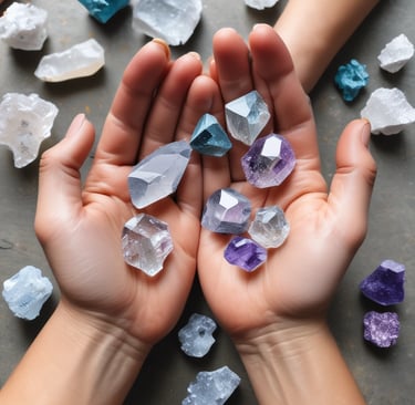 Close-up of hands gently holding crystals during a spiritual session.