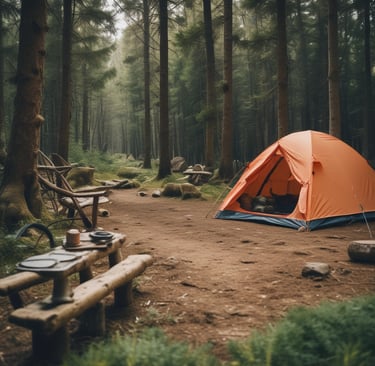 Close-up of a sleek fishing rod and reel resting on a wooden dock with a calm lake in the background at sunrise.