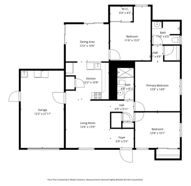 Detailed three-bedroom house floor plan with dimensions, featuring a garage, master suite, and kitchen.