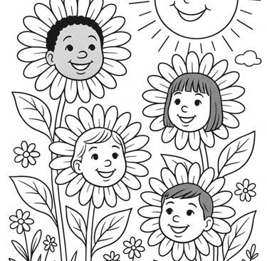Coloring page of flowers with children's faces in the center.