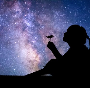 little girl with flower looking at a starry sky