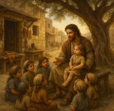 Jesus telling stories to children under a tree