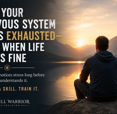 A man meditating at sunset overlooking a mountain lake, illustrating nervous system exhaustion and stress relief.