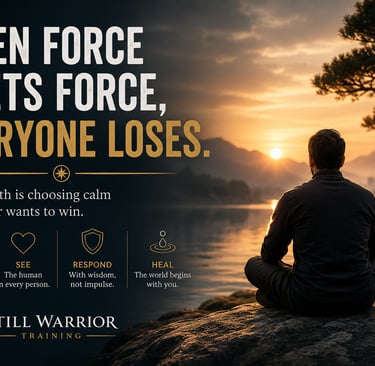 A man practicing mindfulness meditation at sunset, featuring inspirational quotes about emotional intelligence and calm.