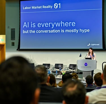 Elena Magrini presenting on AI and labour market trends at an international conference 